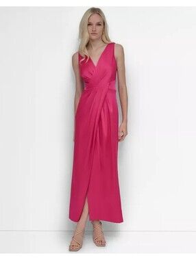 DKNY Fuchsia Satin Evening Dress Sleeveless Surplice Maxi Wedding Size 16 $228